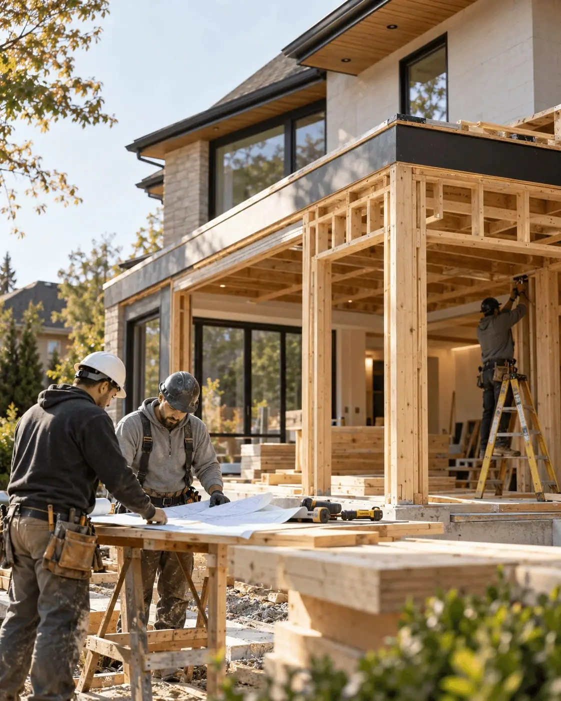 Crew reviewing plans at a sawhorse table while a carpenter frames a timber addition on a modern house