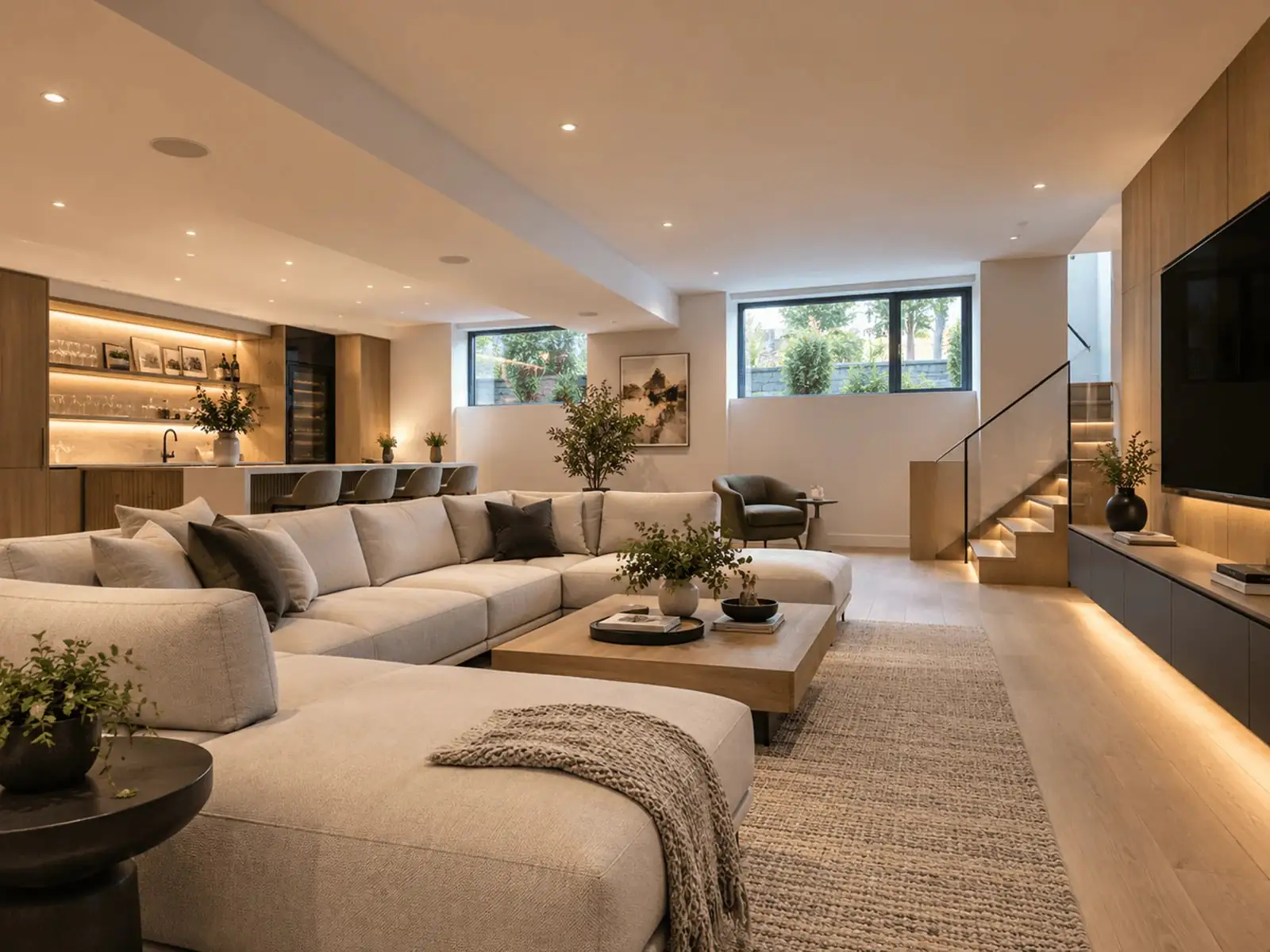 Finished basement with a sectional sofa, wet bar, lit open-tread stairs and recessed lighting