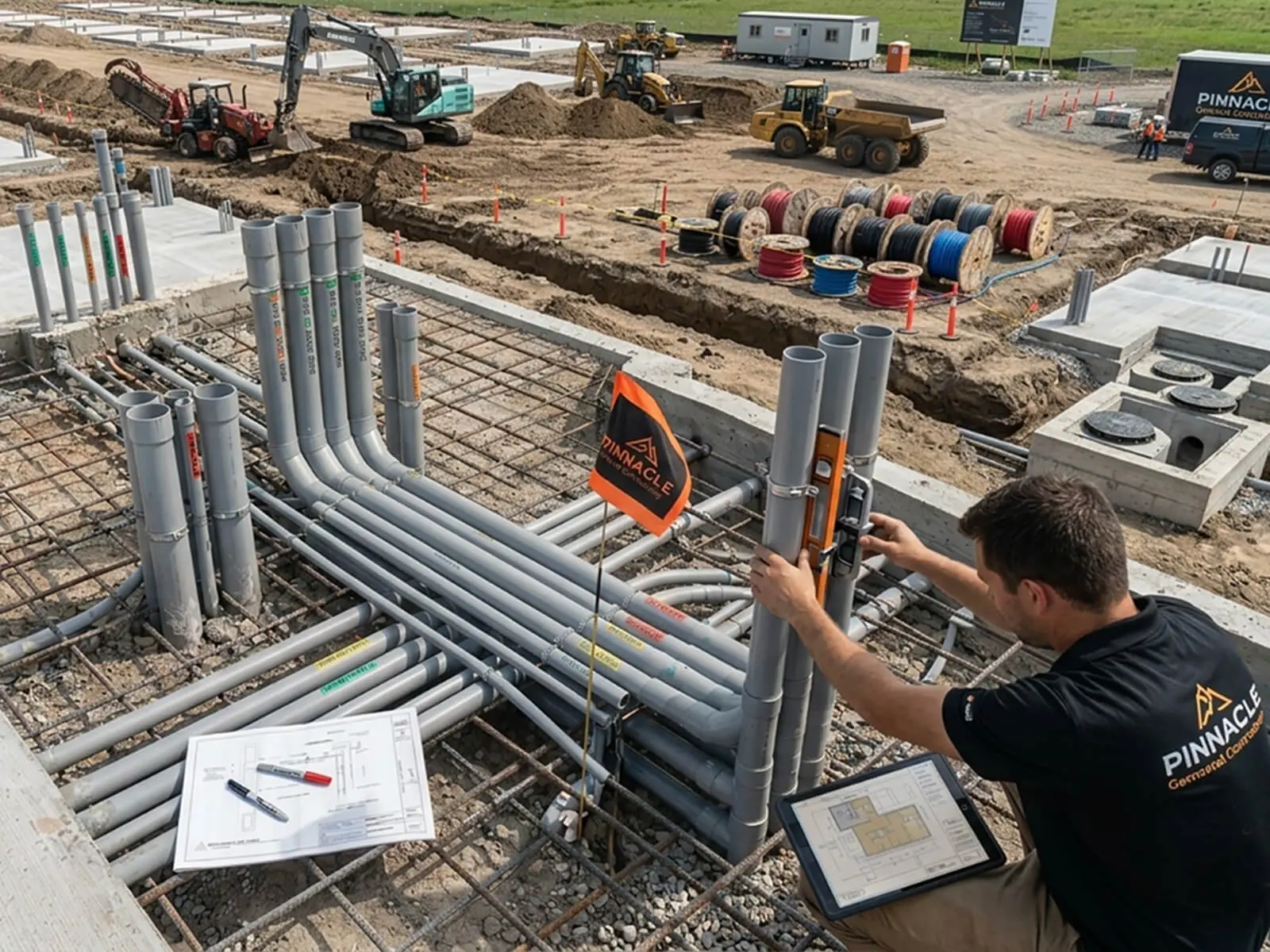 Electrical conduit and rebar laid out in a foundation before the concrete pour, with a worker checking a conduit stub with a level