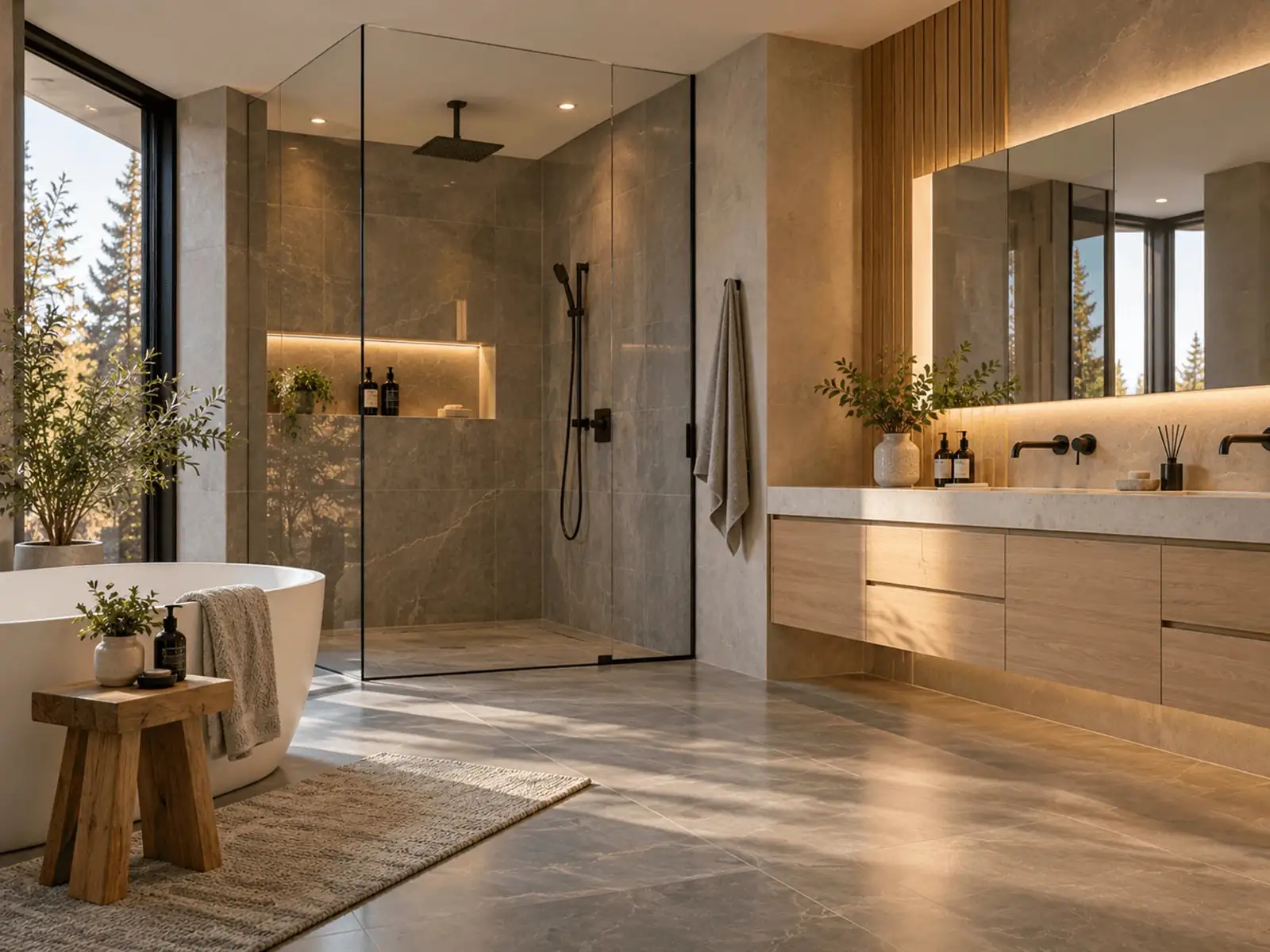 Washroom with a walk-in glass shower, freestanding tub, stone tile and a floating wood double vanity